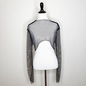 Rhinestone Fishnet Mesh Crop Top Black Long Sleeve Sheer Festival Clubwear XL